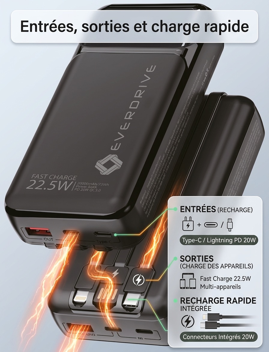 Batterie externe Everdrive 20 000 mAh mettant en avant les entrees, sorties et la charge rapide