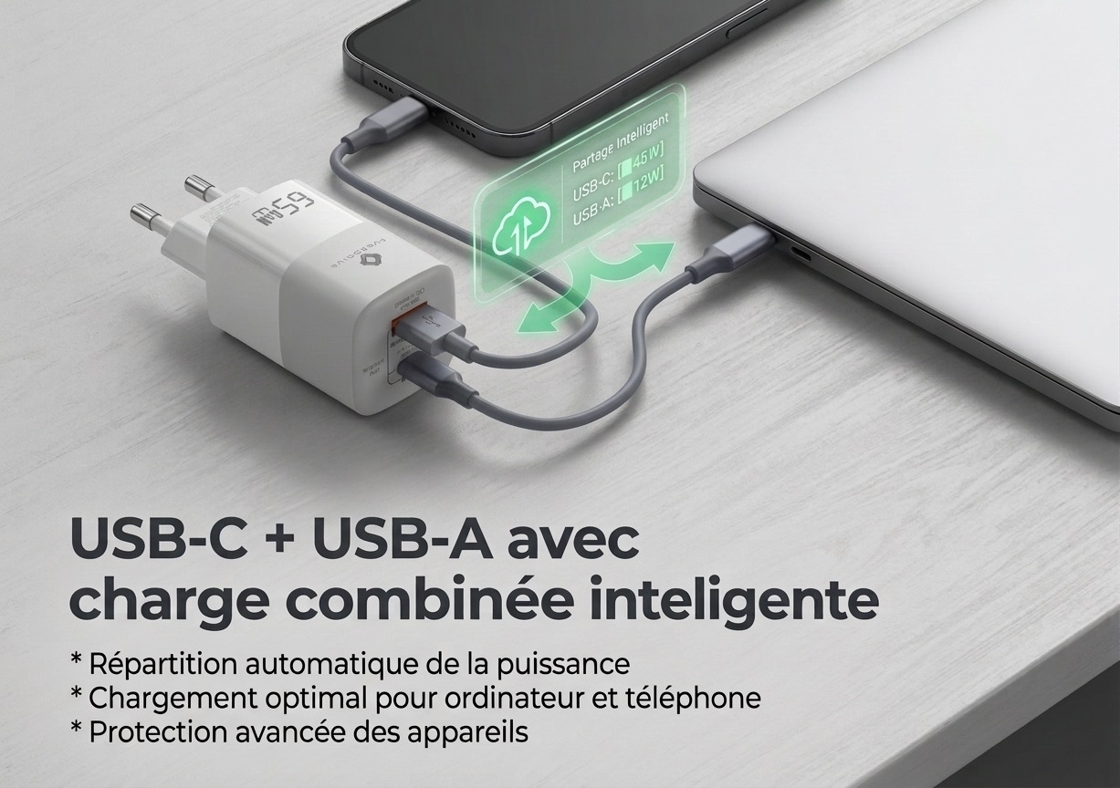 Chargeur GaN 65W Everdrive alimentant simultanement un smartphone et un ordinateur portable
