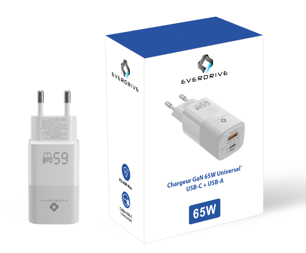 Chargeur GaN 65W Everdrive avec son packaging retail