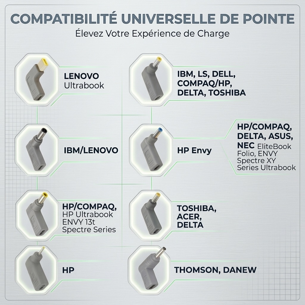 Compatibility overview of the 9 adapters included with the Everdrive universal 65W GaN charger